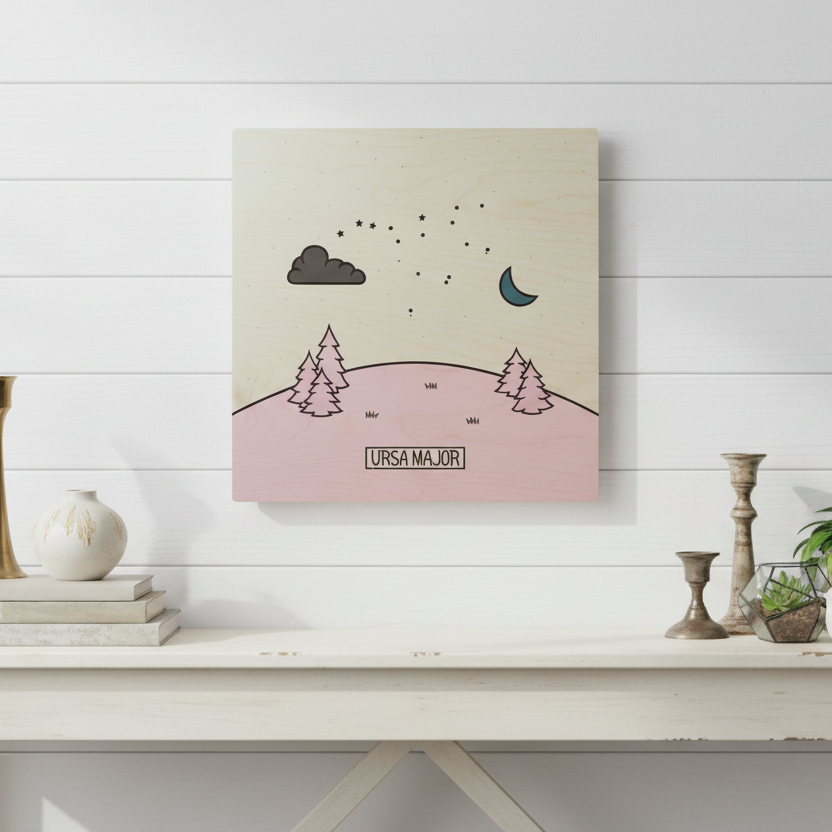 Wooden box with a design of trees, cloud, and moon on a beige background with 'URSA MAJOR' branding.