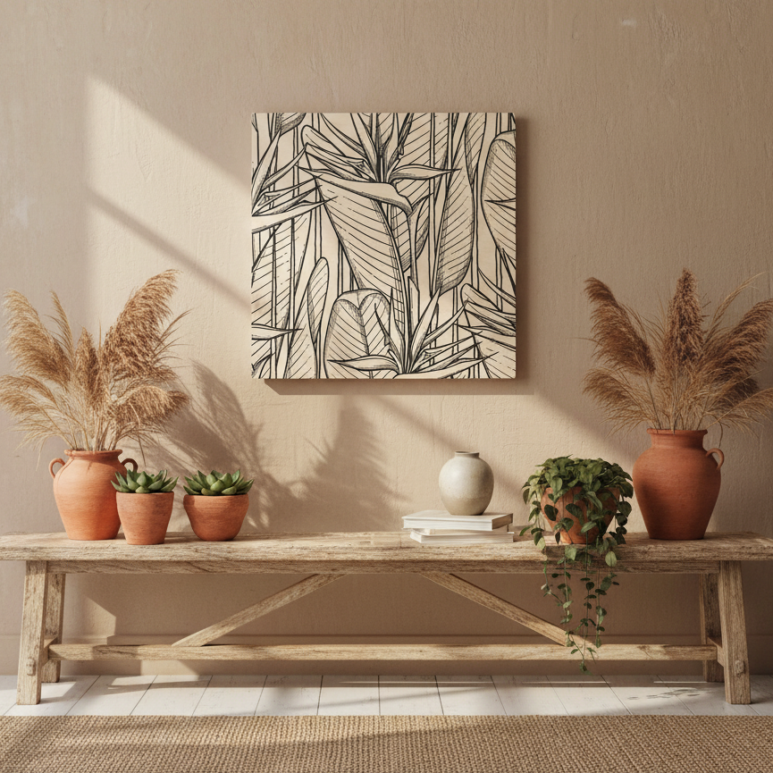 Tropical Bird of Paradise Line Art Black & White Wood Wall Art