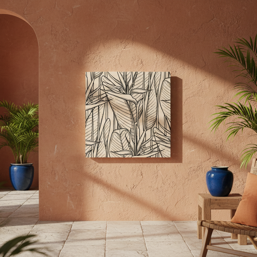 Tropical Bird of Paradise Line Art Black & White Wood Wall Art