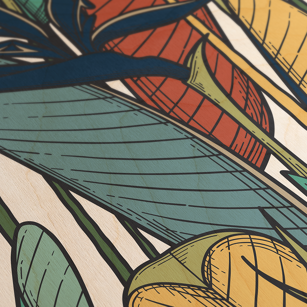 Tropical Bird of Paradise Line Art Multicolor Wood Wall Art