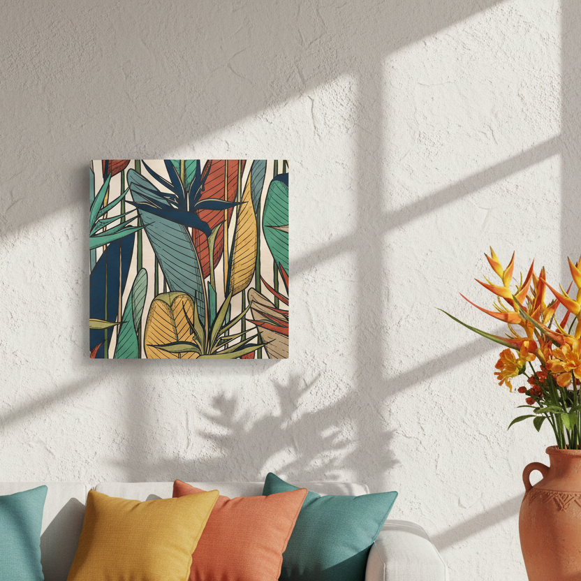 Tropical Bird of Paradise Line Art Multicolor Wood Wall Art