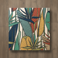 A multicolor wood wall art featuring bird of paradise design on a beige background.
