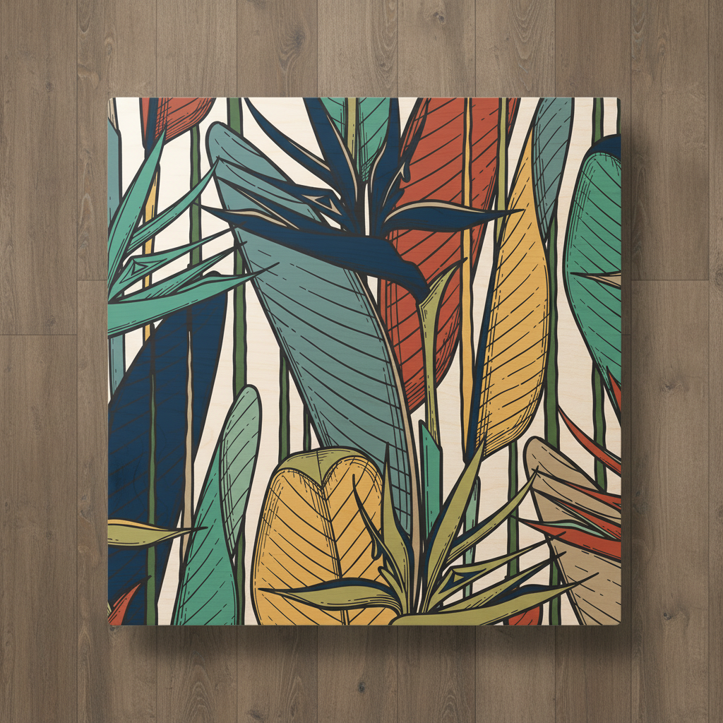 A multicolor wood wall art featuring bird of paradise design on a beige background.