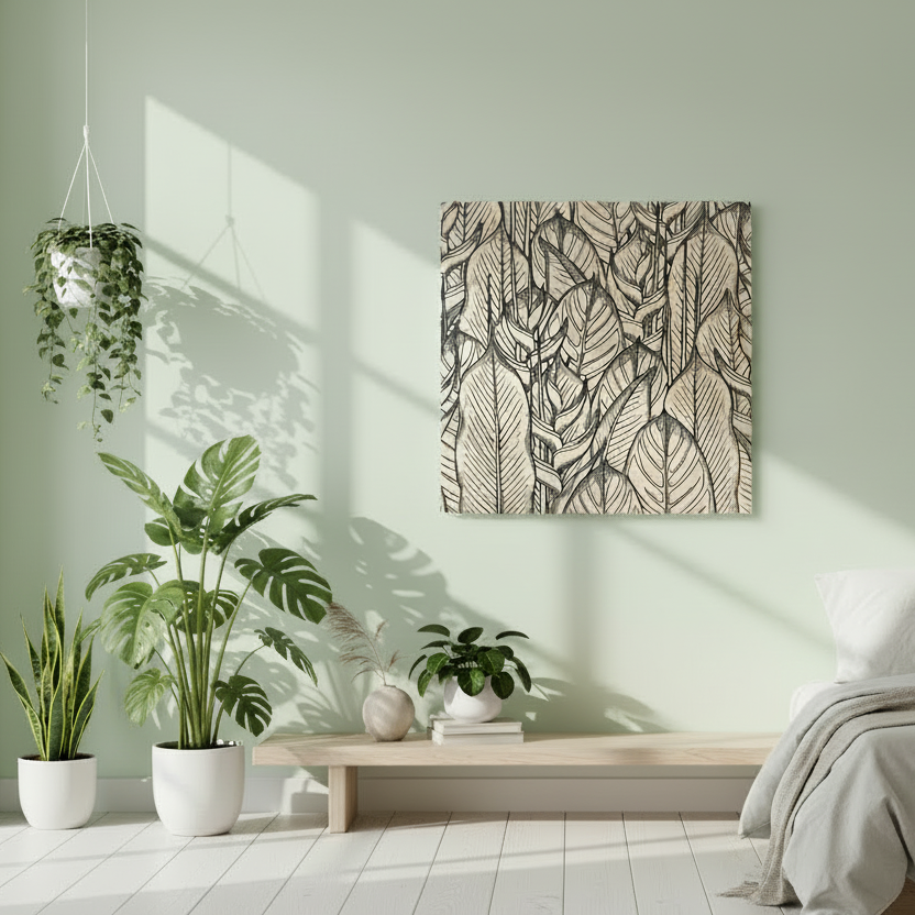 Bedroom with a abstract leaf-patterned wall art above a bed.