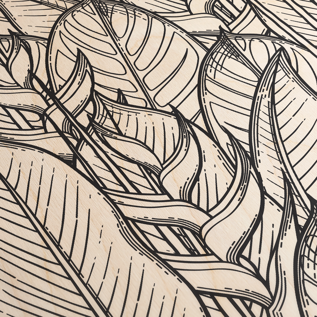 Close-up of a detailed line drawing of leaves on a beige background.
