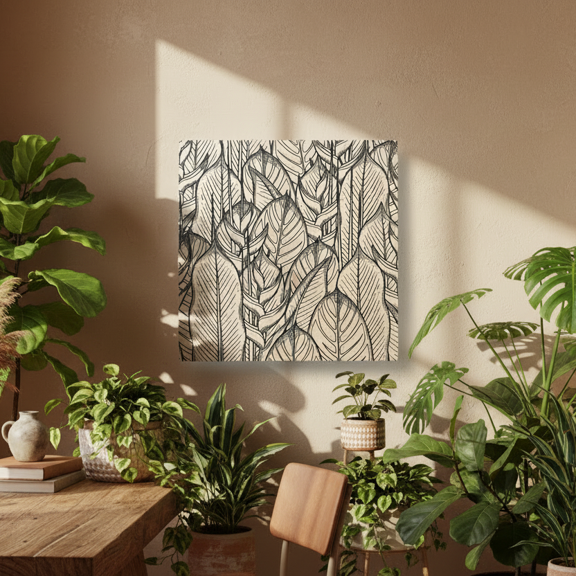 Abstract leaf-patterned artwork on a wall in a room with a wooden table, books, and plants.