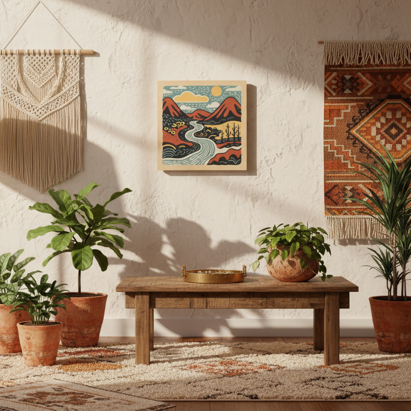Foyer with wooden table, potted plants, and sunrise-inspired wall art.