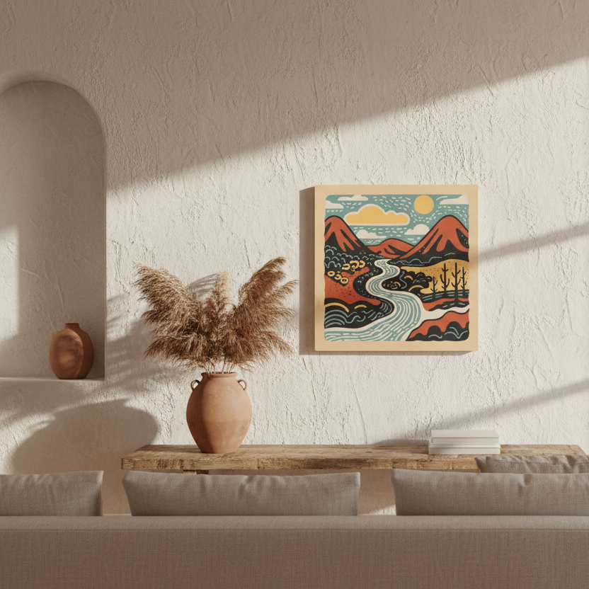 Decorative sunrise-inspired wood art on a wall in a modern living room with a vase and plants.