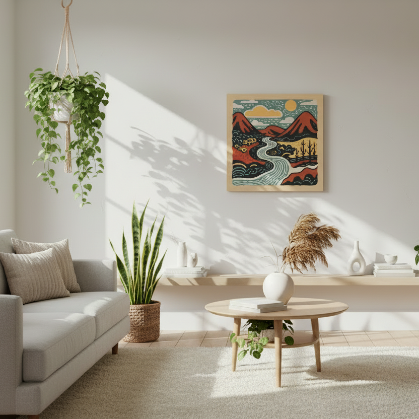 Modern living room with a white sofa, coffee table, and decorative items.