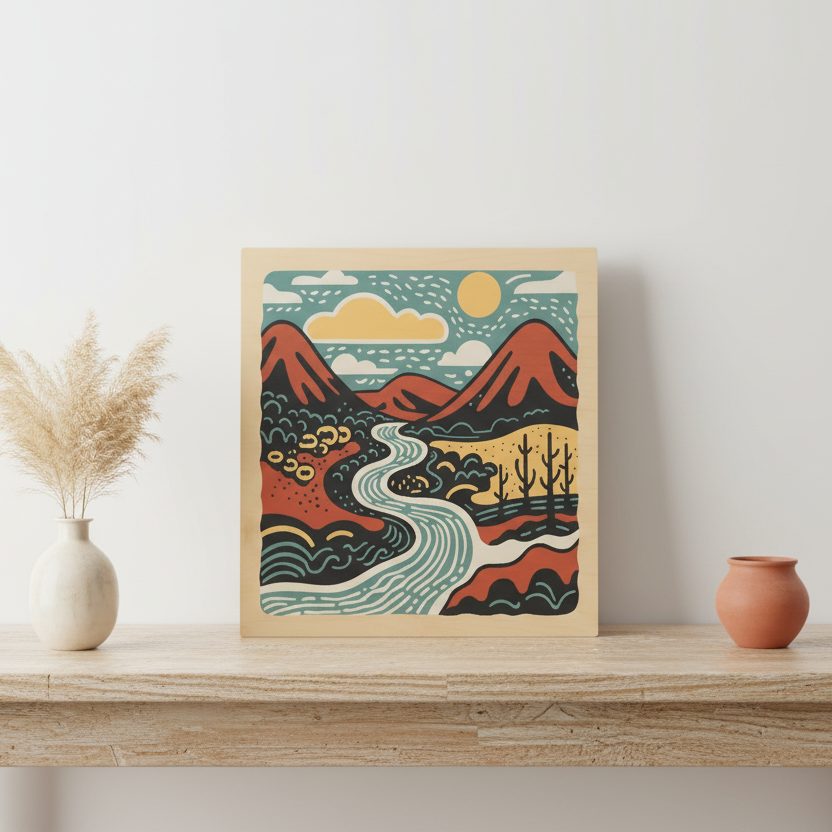 Wooden wall art with a colorful mountain and river design on a white background.