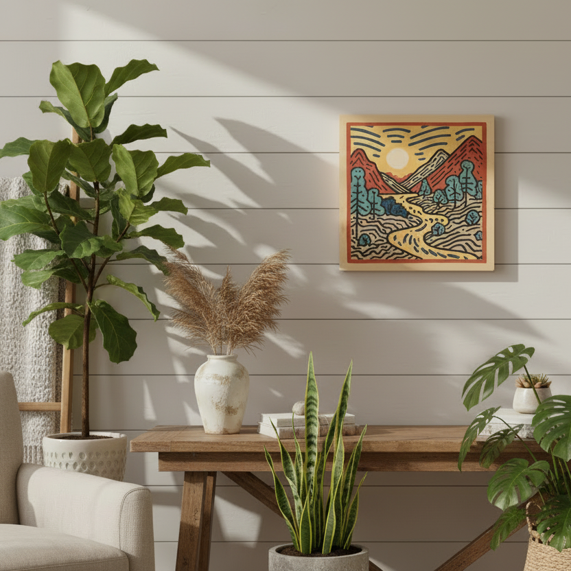Wooden table with decor items against a wall with wood wall art.