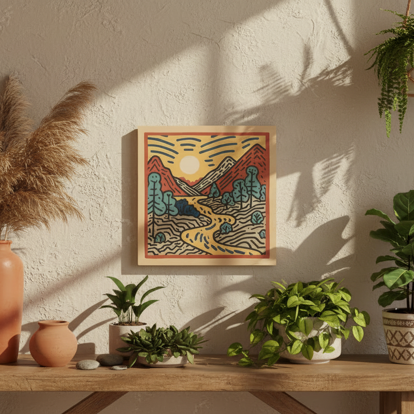 Decorative setup with a vase of pampas grass, a small vase, and a wooden sunrise-inspired artwork on a wooden table against a textured wall.