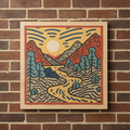 A multicolored wood wall art featuring a mountainous landscape with a sun and a river, in a frame-like border, on a white background.