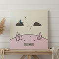 Wood wall art with a landscape design, trees, moon, and stars on a beige background, featuring the brand 'Ursa Minor'.