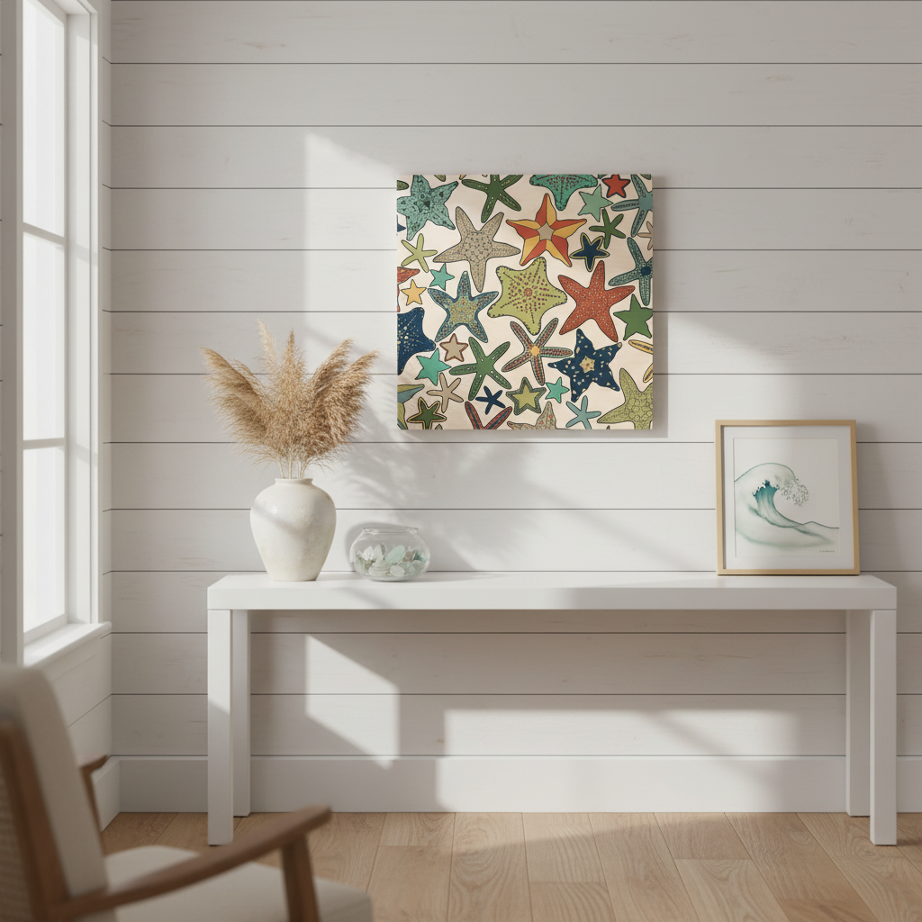 Starfish Line Art Multicolor Wood Wall Art