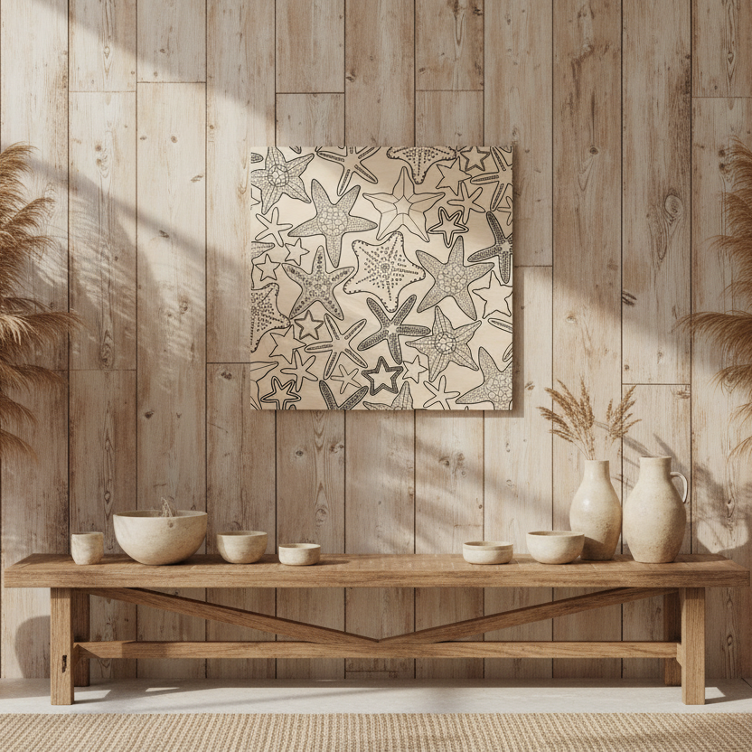 Wooden bench with decorative items against a wooden wall with a geometric art piece.