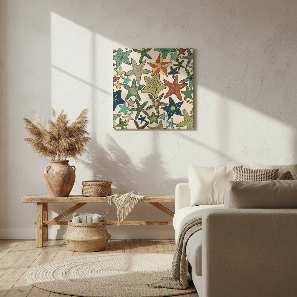 Living room with a wooden coffee table, decorative items, and a colorful starfish-patterned wooden wall art.