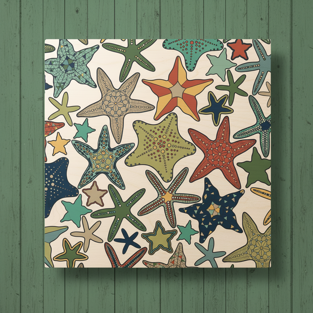 Pattern of colorful starfish on a beige background.