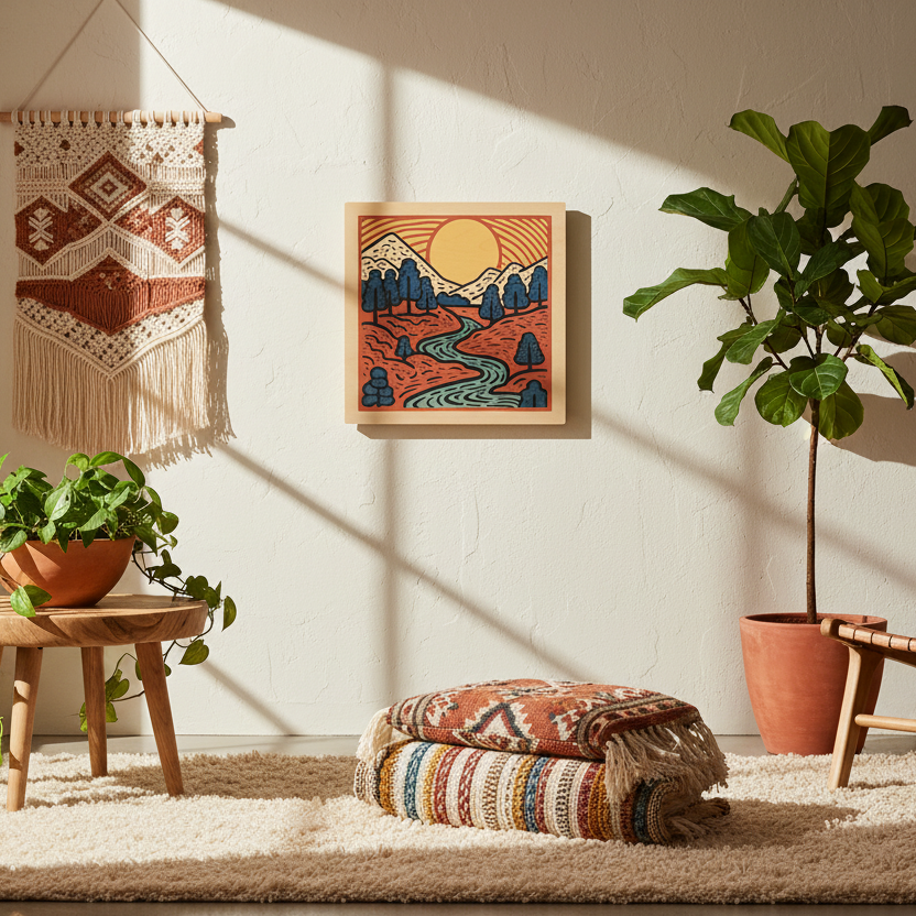 Cozy living room with plants, a rug, and wood wall art with sunset-inspired theme. 