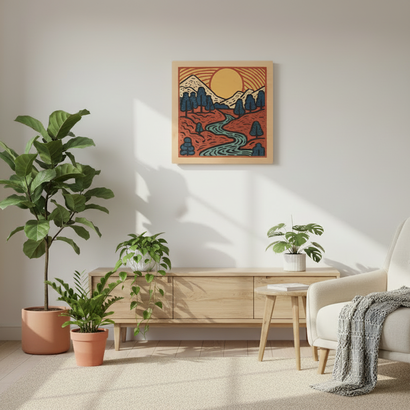 Modern living room with a beige armchair, wooden TV stand, and decorative wood wall art with sunset design.