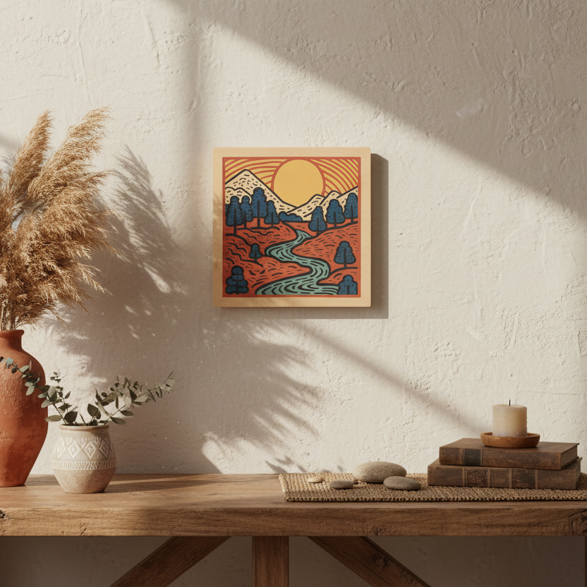 Framed sunset-inspired wood artwork on a wall above a wooden table with decorative items.
