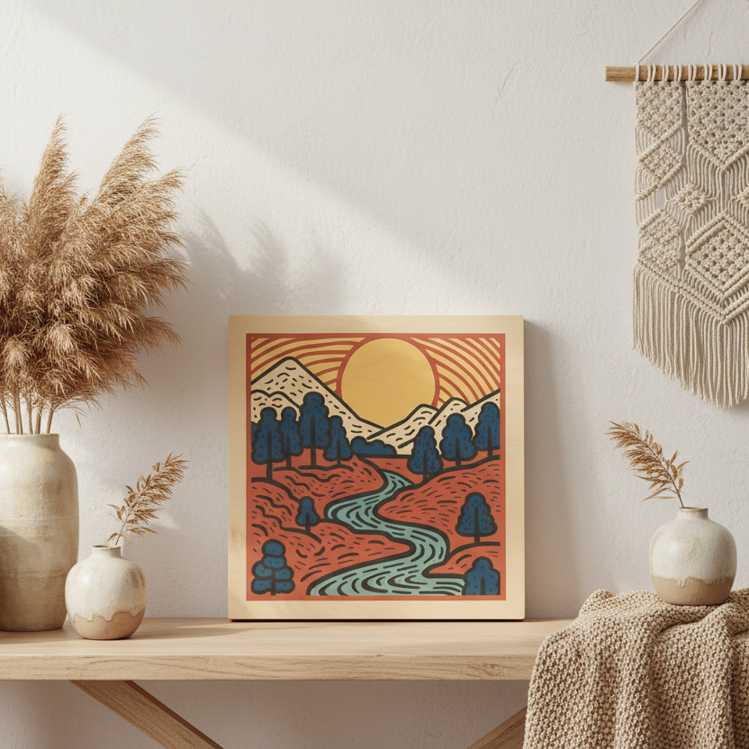 A multicolored wood wall art depicting a sunset scene with mountains, trees, and a river.