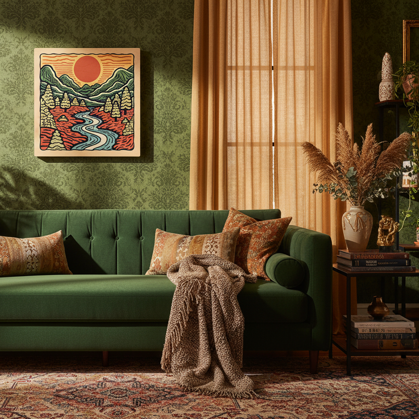 Mountain Sunset Line Art Multicolor Wood Wall Art