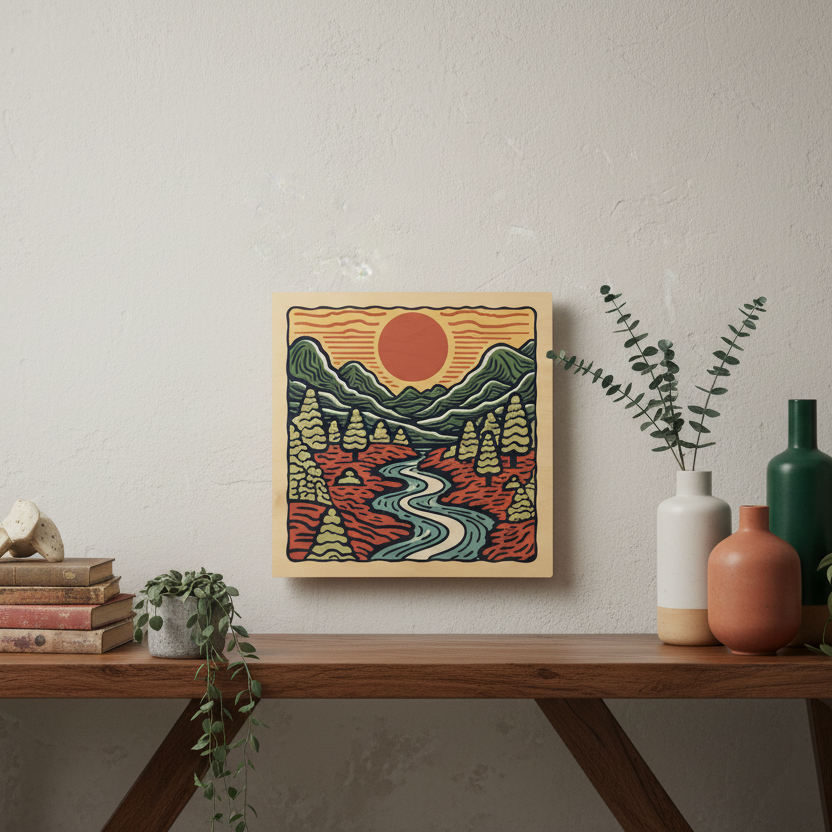 A multicolored wood wall art depicting a vibrant sunset with line art mountains and a river.